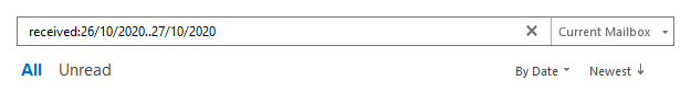 outlook search results emails received between the range of two dates